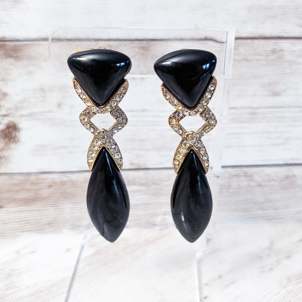 Vintage Clip On Earrings Stunning Statement Large Black, Gold Tone Clear Gem
